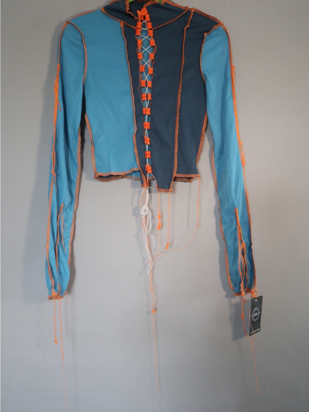 Patchwork Lace-Up Crop Top in Blue and Teal with Orange Trim - Picture 2 of 6